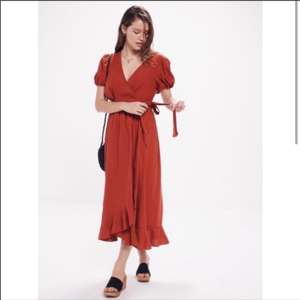 NYT Urban Outfitters rust colored wrap dress
